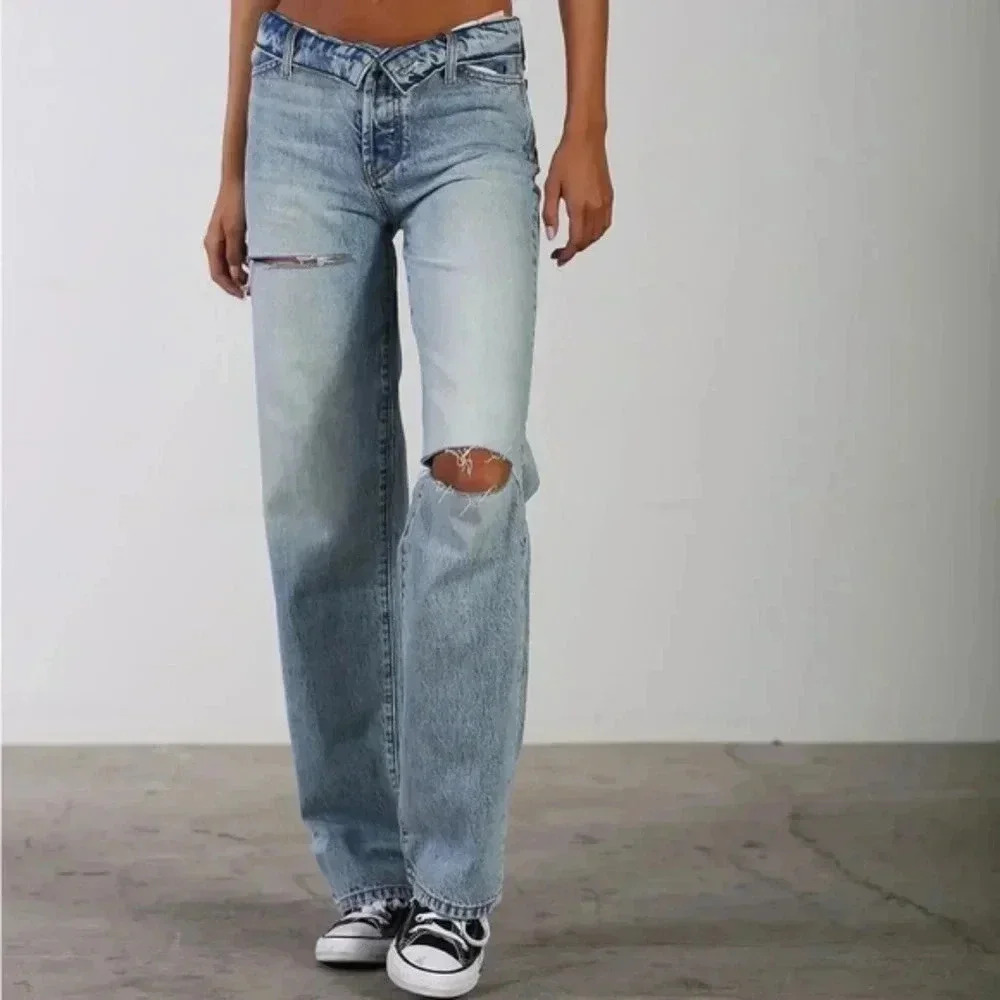 Revice denim folded over low rise blue jeans